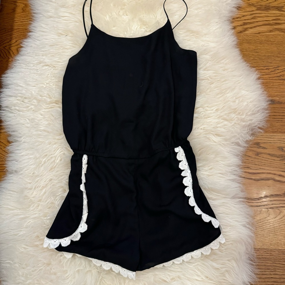 Aqua Black Romper with White lace trim